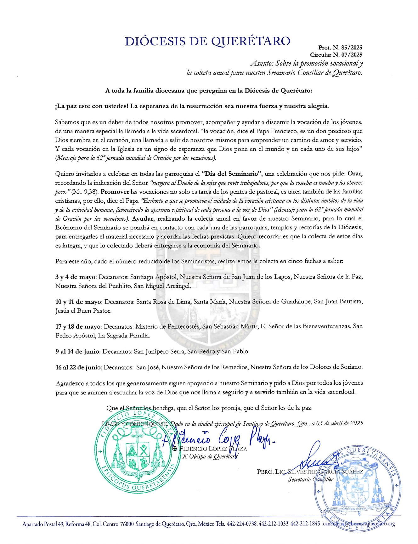 Prot. N. 85/2025. Circular N. 07/2025. Asunto: Sobre la promoción vocacional y la colecta anual para nuestro Seminario Conciliar de Querétaro.